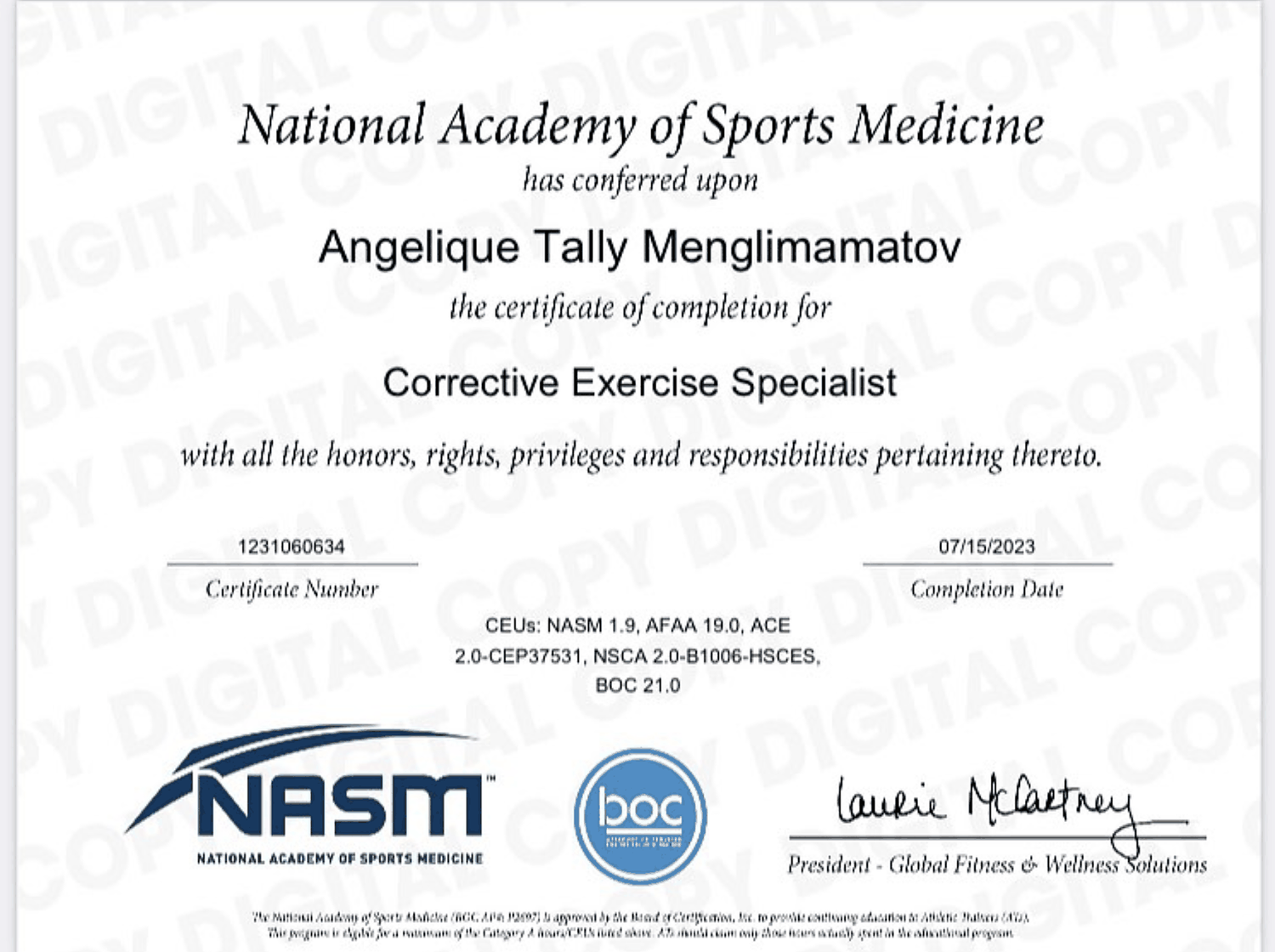 NASM certificate of completion: Corrective Exercise Specialist, conferred on Angelique Tally, July 15, 2023
