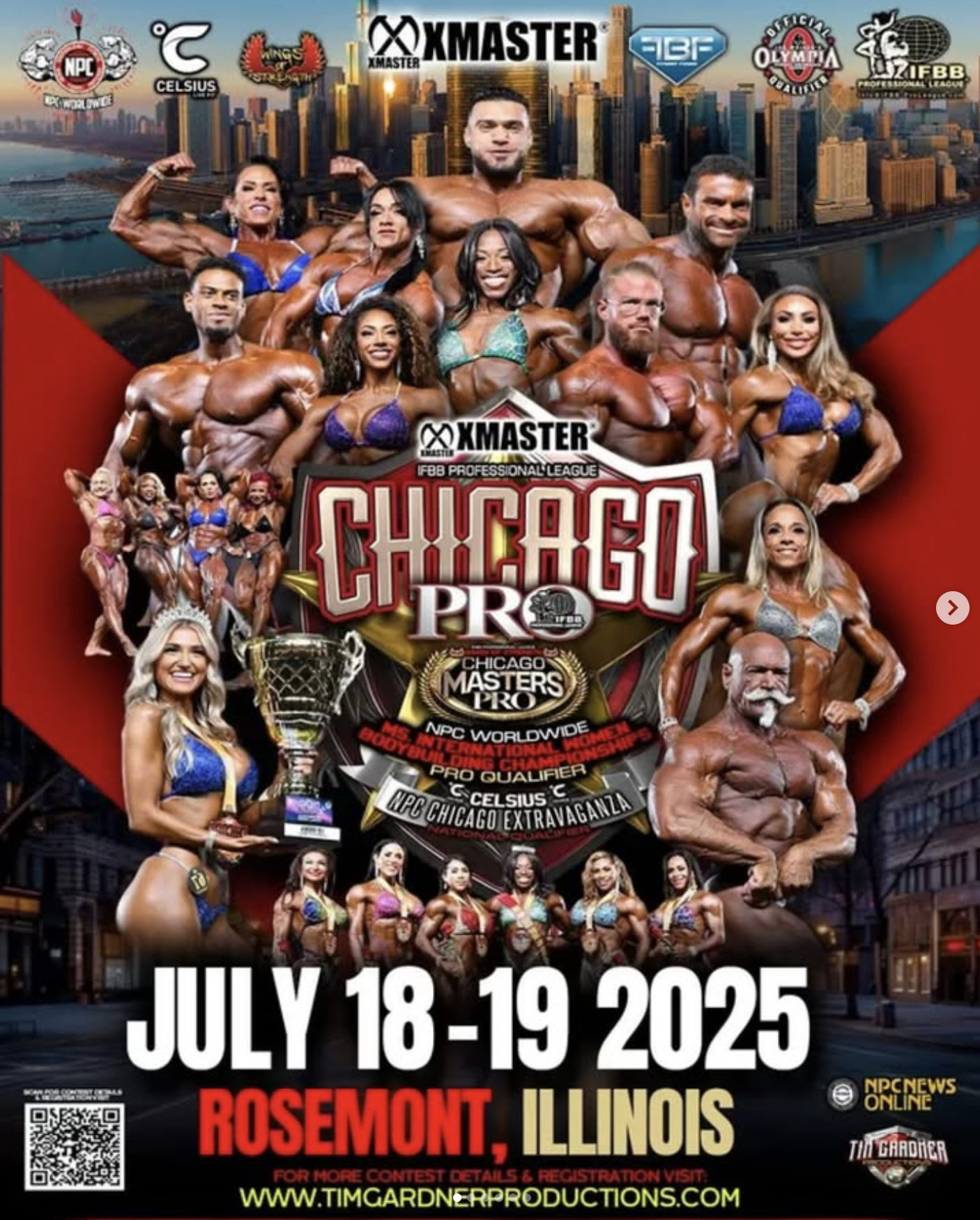 Event poster: 2025 NPC Celsius Chicago Extravaganza and IFBB Chicago Pro, 14th annual, The Westin O’Hare, Rosemont, Illinois, July 18-19, 2025