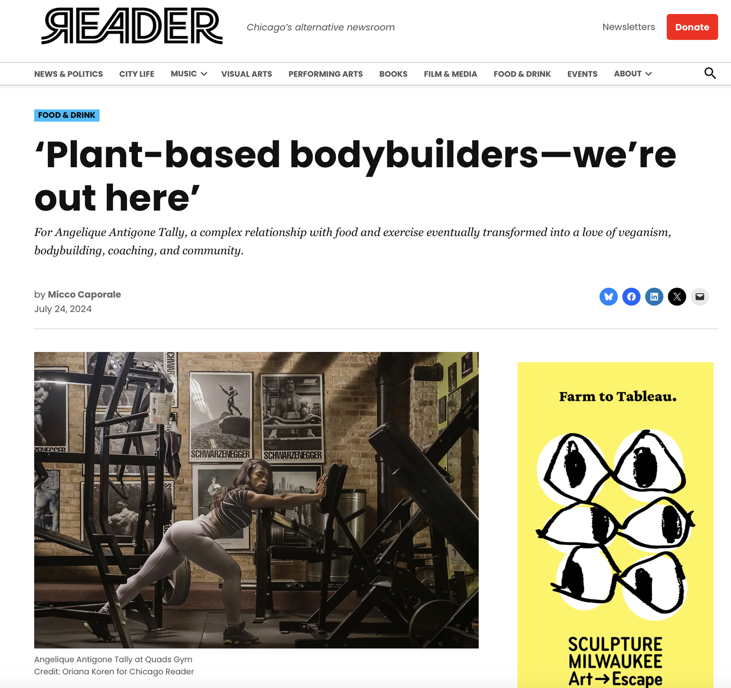 The Chicago Reader's article page: “Plant-based bodybuilders—we’re out here”, featuring Angelique Antigone Tally