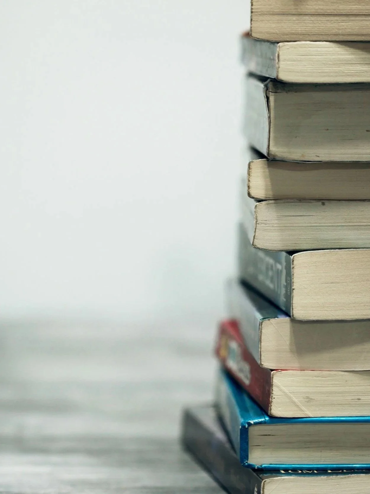 Stacked books with visible pages, set against a white background, with some books partially visible on the left side of the image.