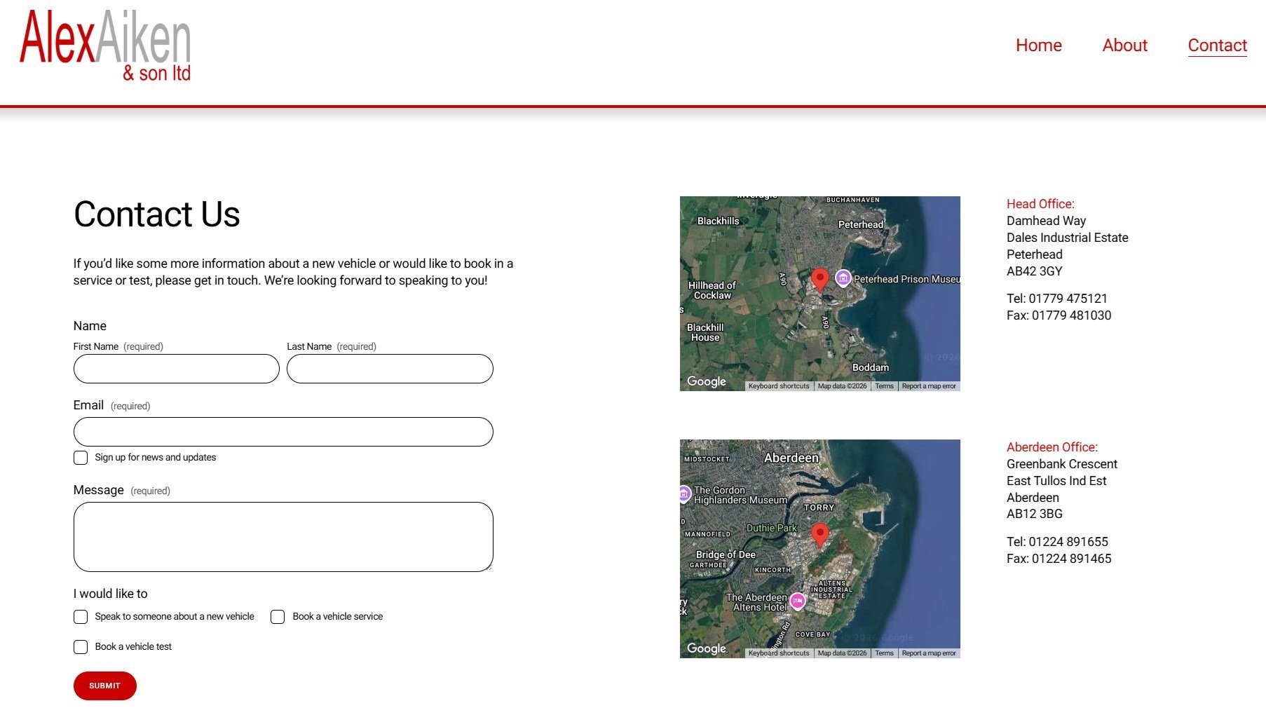 A web page titled 'Contact Us' for Alex Aiken & son ltd showing a contact form with fields for name, email, message, and options to speak about a vehicle or book a service. It includes maps with office locations in Peterhead and Aberdeen, Scotland, displaying their addresses and contact numbers.