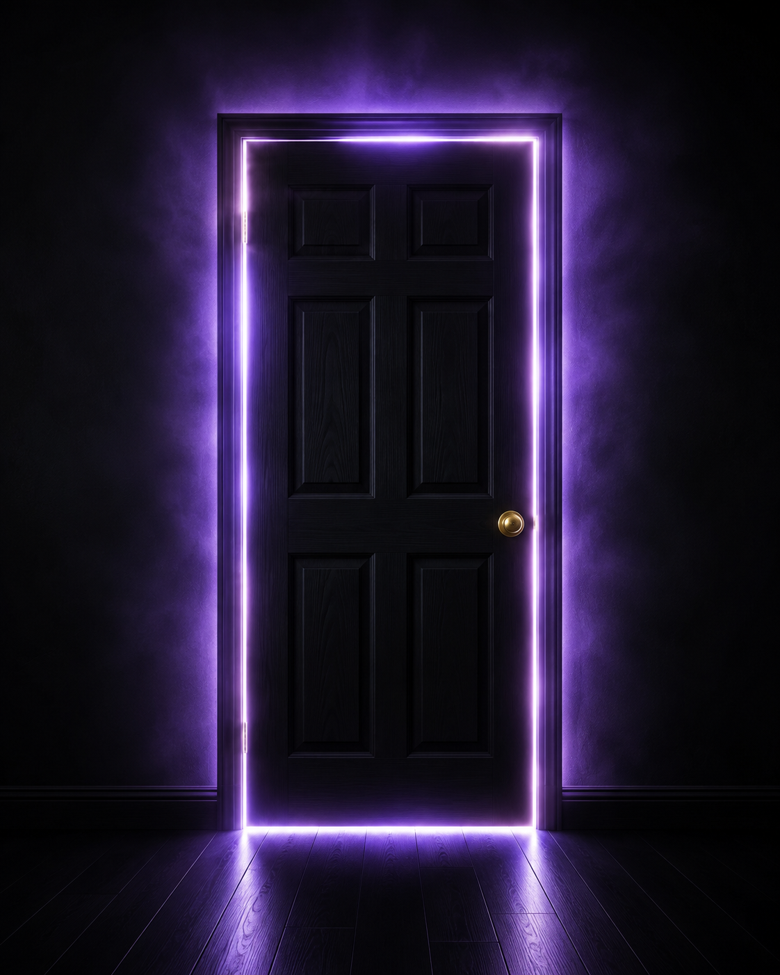Black door with purple neon light glowing around its frame, set in a dark room with wooden floor.