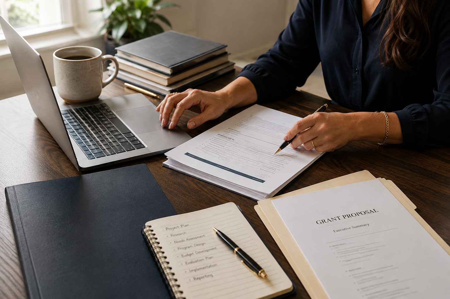 A person working at a wooden desk with a laptop, coffee mug, notebooks, and documents, including a grant proposal and project plan.