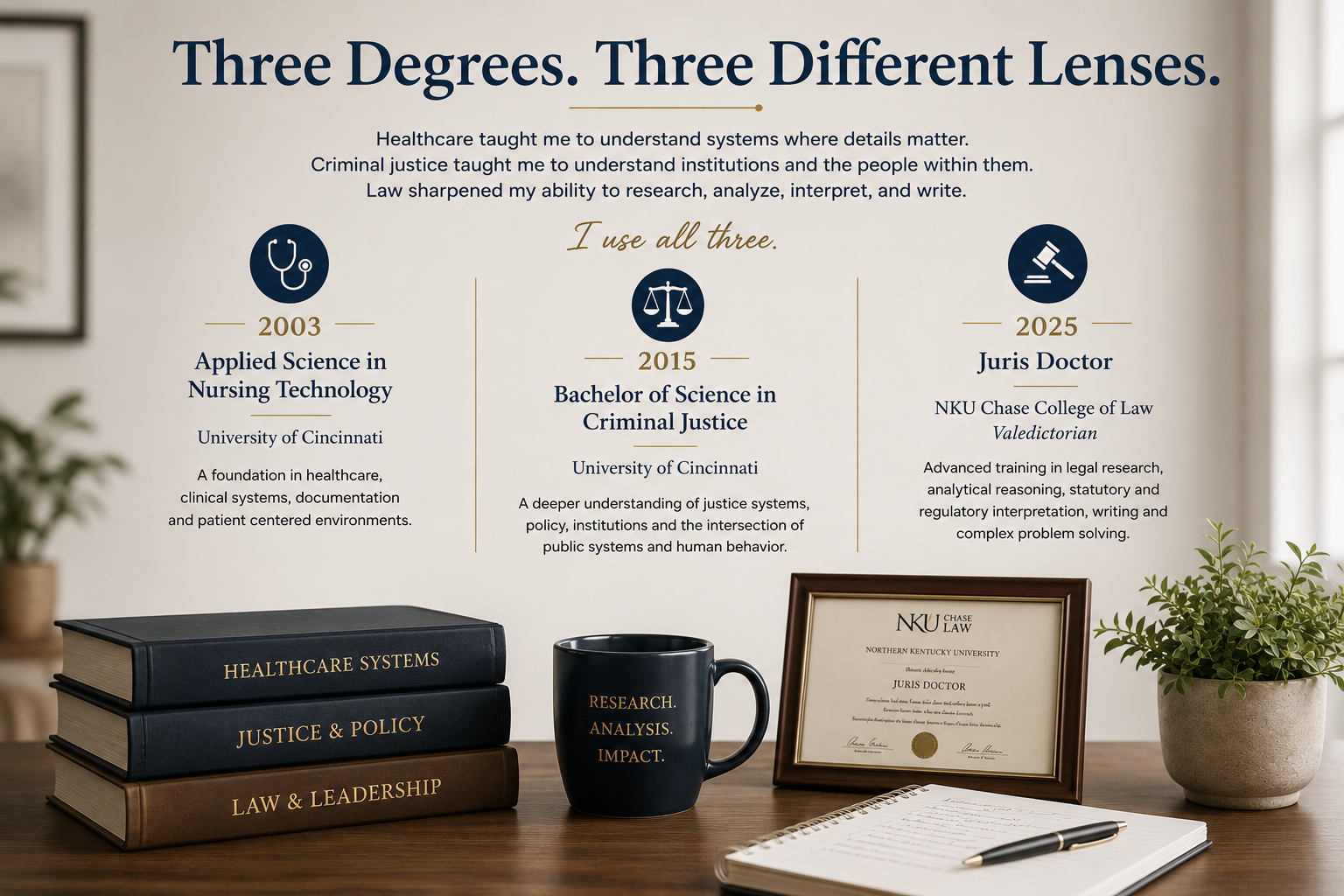 Decorative display of educational achievements and study materials related to law, with books labeled 'Healthcare Systems,' 'Justice & Policy,' and 'Law & Leadership,' a black mug with the words 'Research. Analysis. Impact,' a framed law degree from NKU Chase College of Law, a notebook and pen, and a potted plant on a wooden surface in front of a wall with timeline highlights of degrees obtained in healthcare, criminal justice, and law.