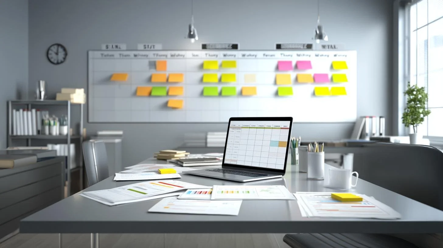 Office workspace with a desk, laptop, documents, cups, and a whiteboard with colorful sticky notes and labels.