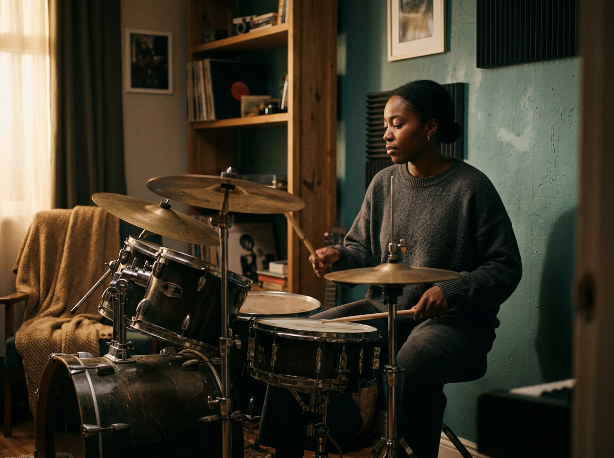A woman playing drums in a cozy room with a green wall, wooden bookcase, and window with curtains.