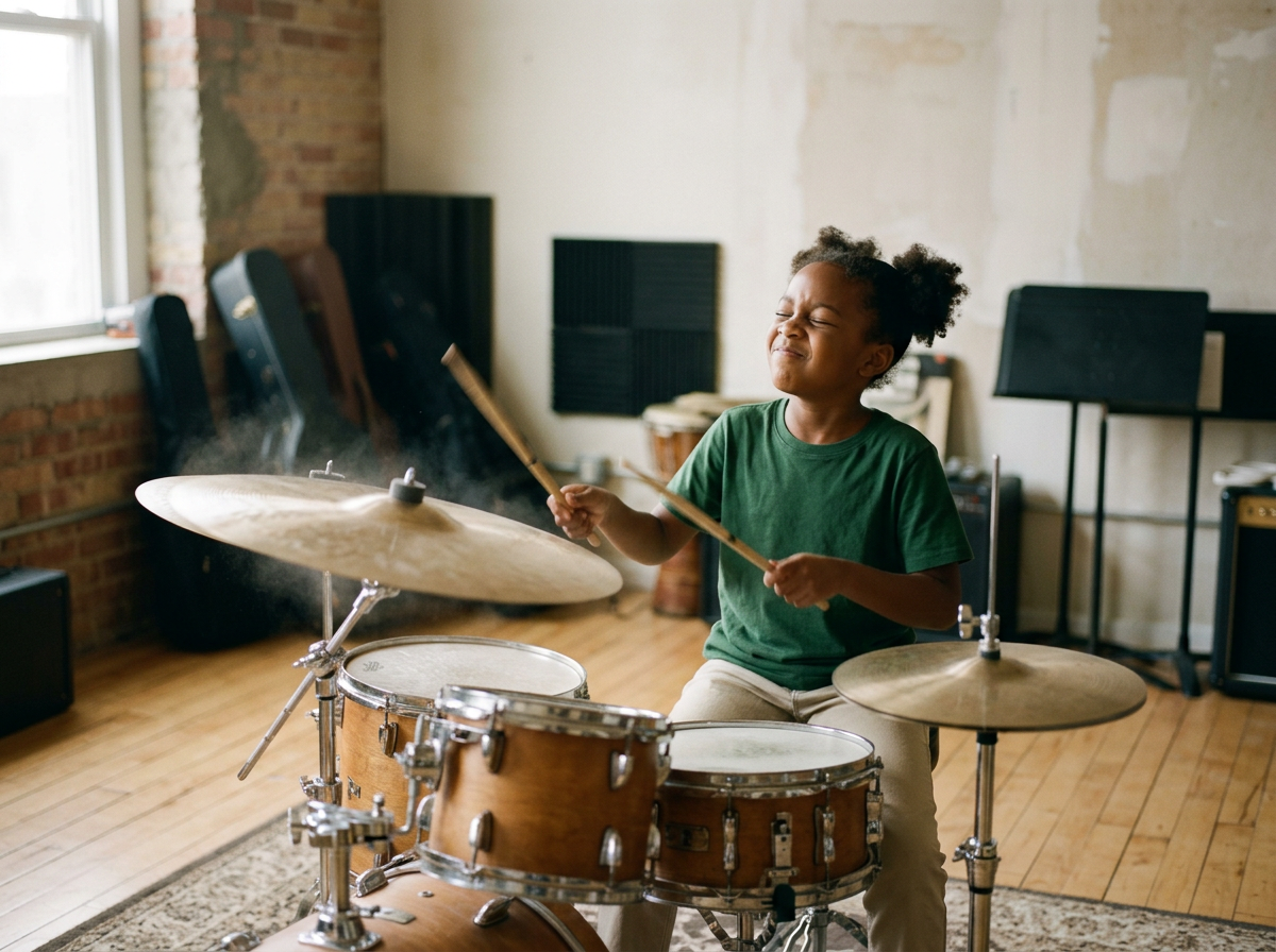 A young girl with curly hair playing a drum set in a music studio, wearing a green shirt and beige pants.