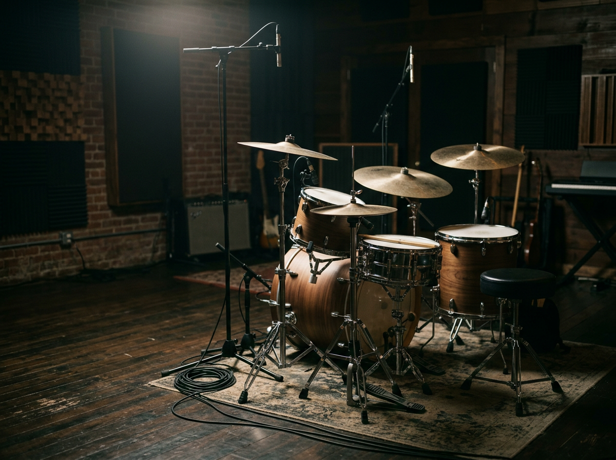 A drum set with cymbals, a snare drum, bass drum, and toms in a music recording studio with microphones and soundproofing panels.