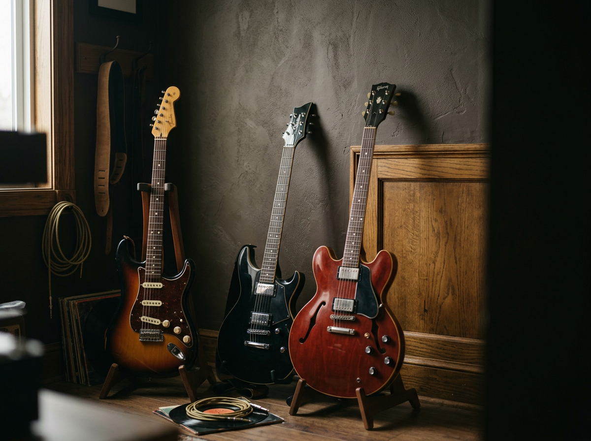 Three electric guitars in different colors and styles are leaning against a wall in a room. One is sunburst, the middle is black, and the third is a reddish-brown with f-holes. There are guitar cables and other musical accessories nearby.