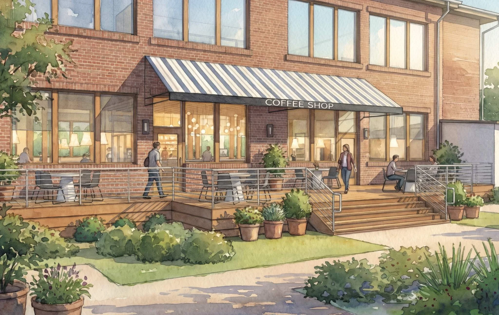 Renderings for Old School Mercantile, Pamlico County NC; brick coffee shop building with large windows, outdoor seating, and potted plants on the deck, surrounded by greenery.