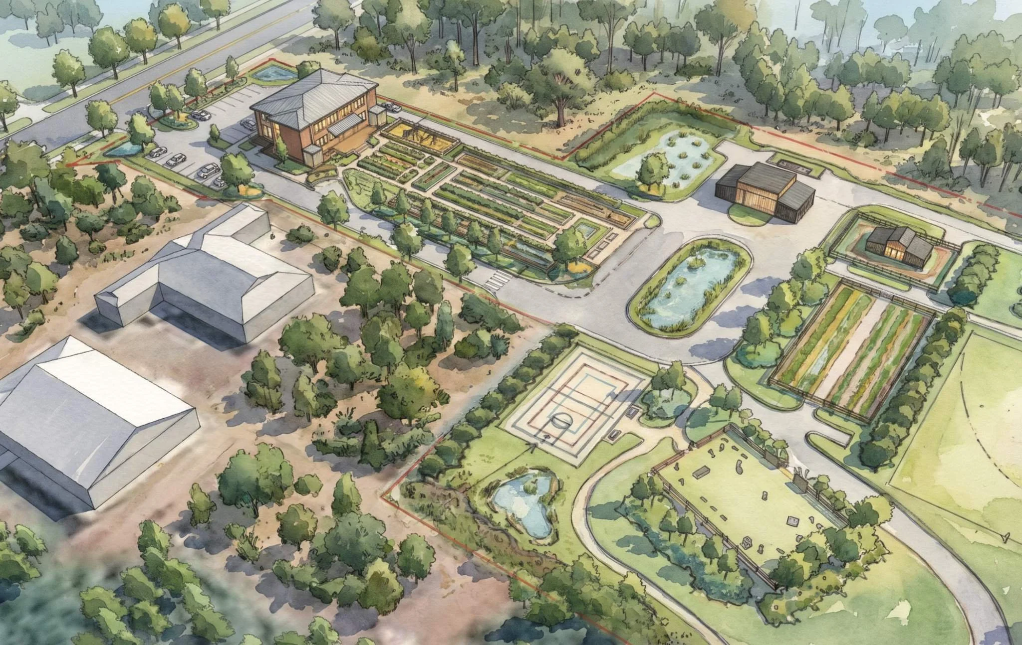 Renderings for Old School Mercantile, Pamlico County NC; a detailed aerial watercolor illustration of a community park with garden plots, parking areas, sports courts, ponds, and surrounding trees and greenery.