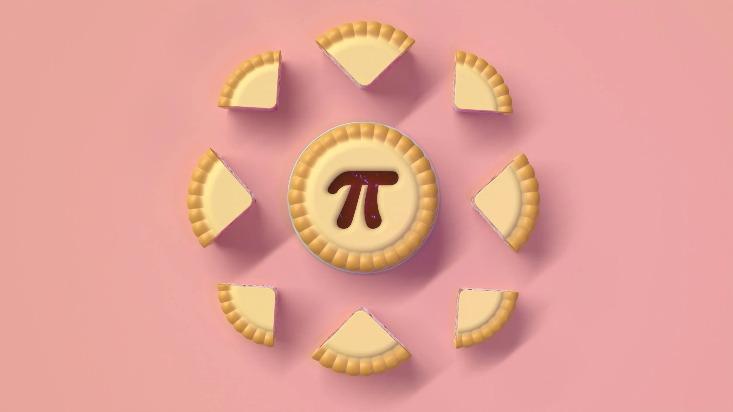 A pink background with broken pieces of a round cookie or cake with a pi symbol in the center.