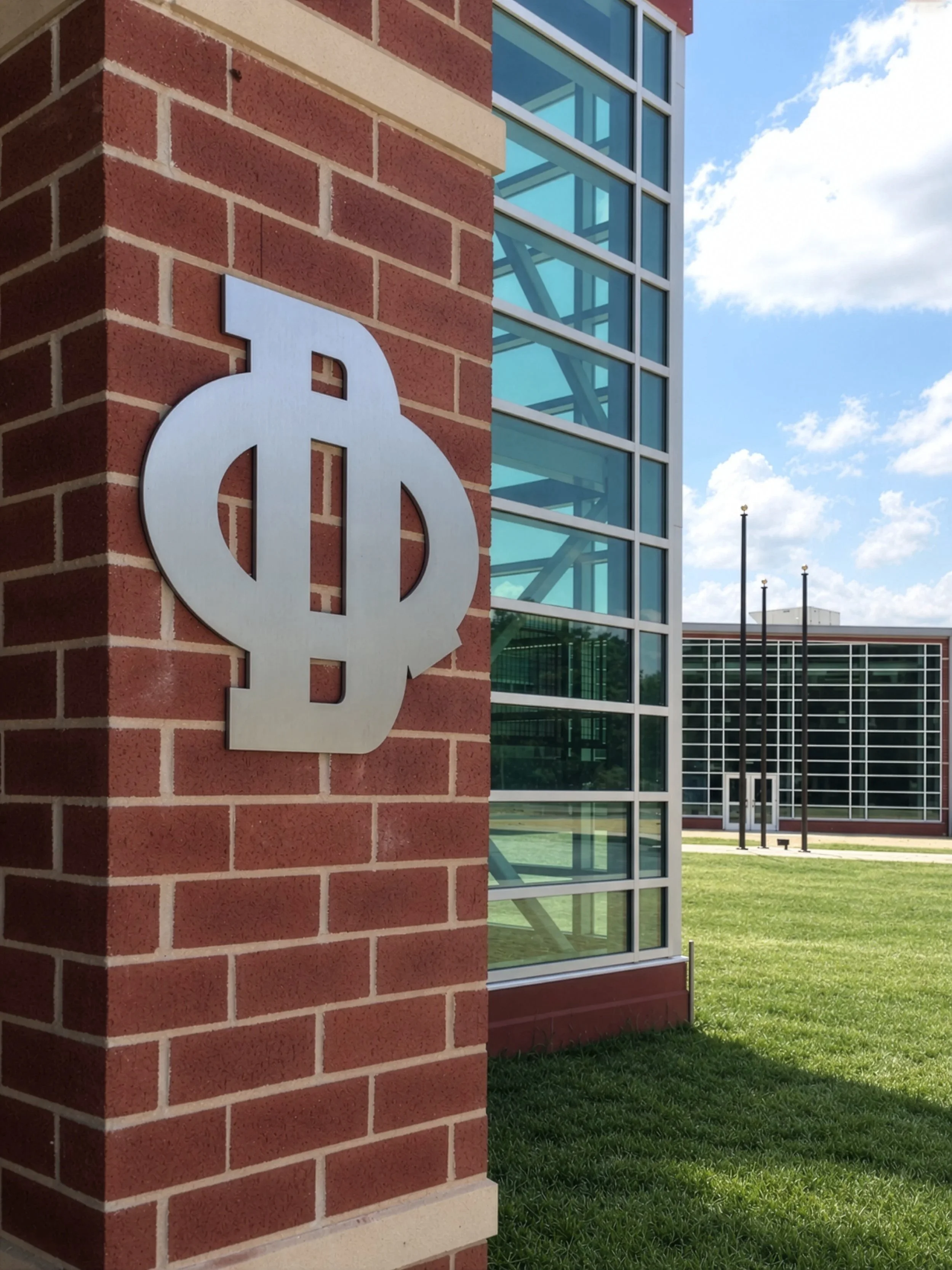 A modern building with glass windows and red brick walls, featuring a large metallic dollar sign on the brick wall, under a partly cloudy sky.