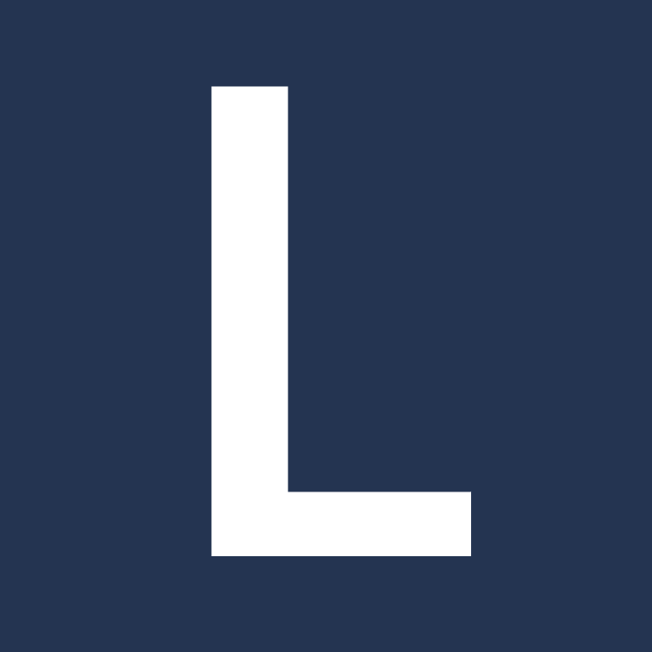 Bold black letter 'L' on a dark blue background.