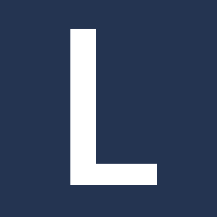 A large black letter 'L' on a navy blue background.