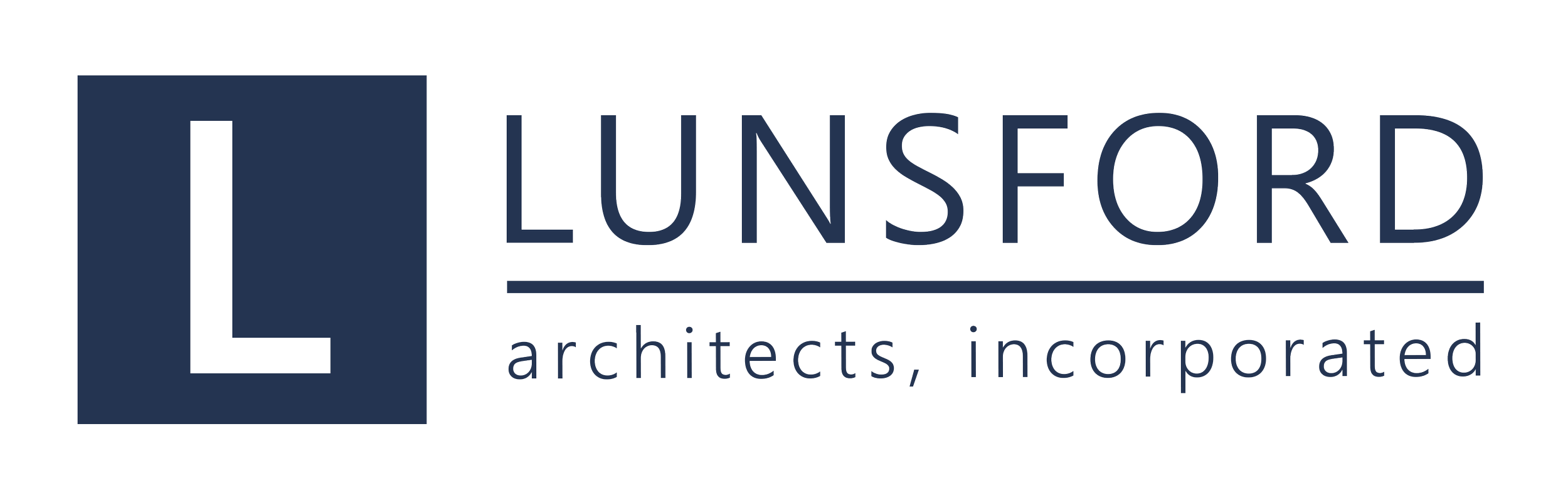 Lunsford Architects, Incorporated logo with a large navy blue square containing a white letter L, and the company name and tagline in blue text.
