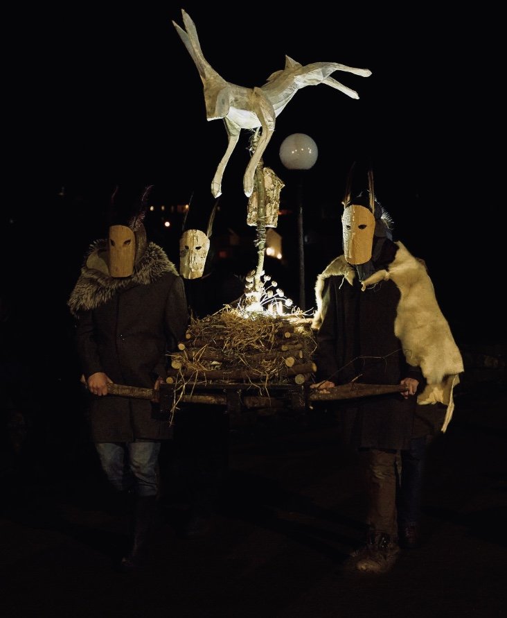 Ancestral Hare, a woven willow hare effigy being paraded as part of a ceremonial procession for Féile Eile in Killorglin, County Kerry