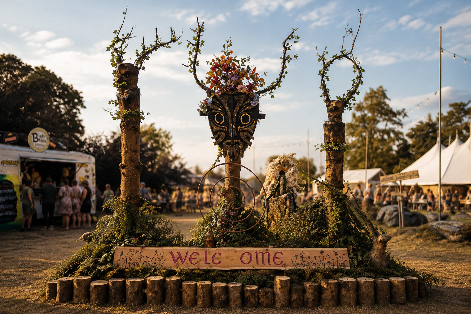 Rewild Festival entrance installation featuring Cernunnos and three stag guardians, created from natural materials and surrounded by wild planting