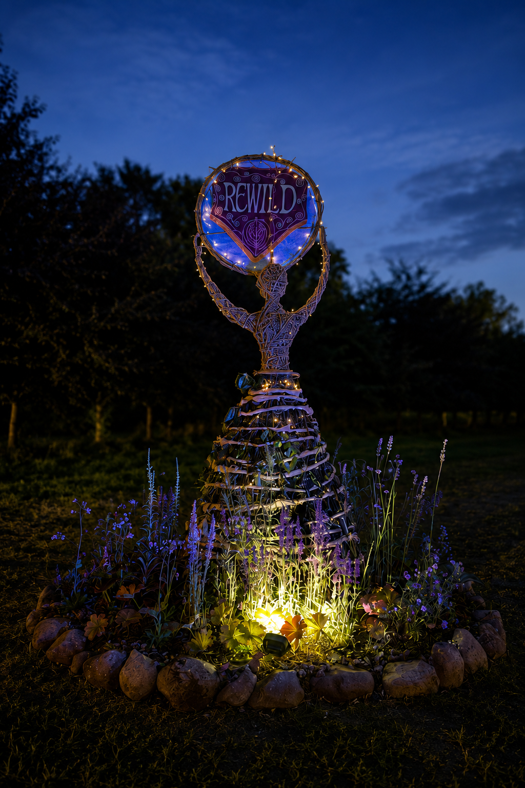Rewild Festival entrance installation featuring an imposing woven willow goddess holding a moon, surrounded by wild plants and illuminated at night