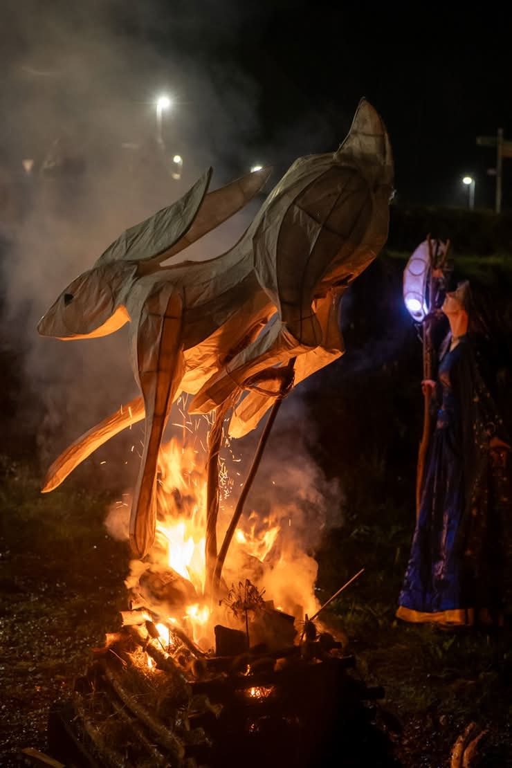 Ancestral Hare, a woven willow hare effigy burning as part of a Féile Eile ritual in Killorglin, County Kerry, created by artist Phil McSweeney