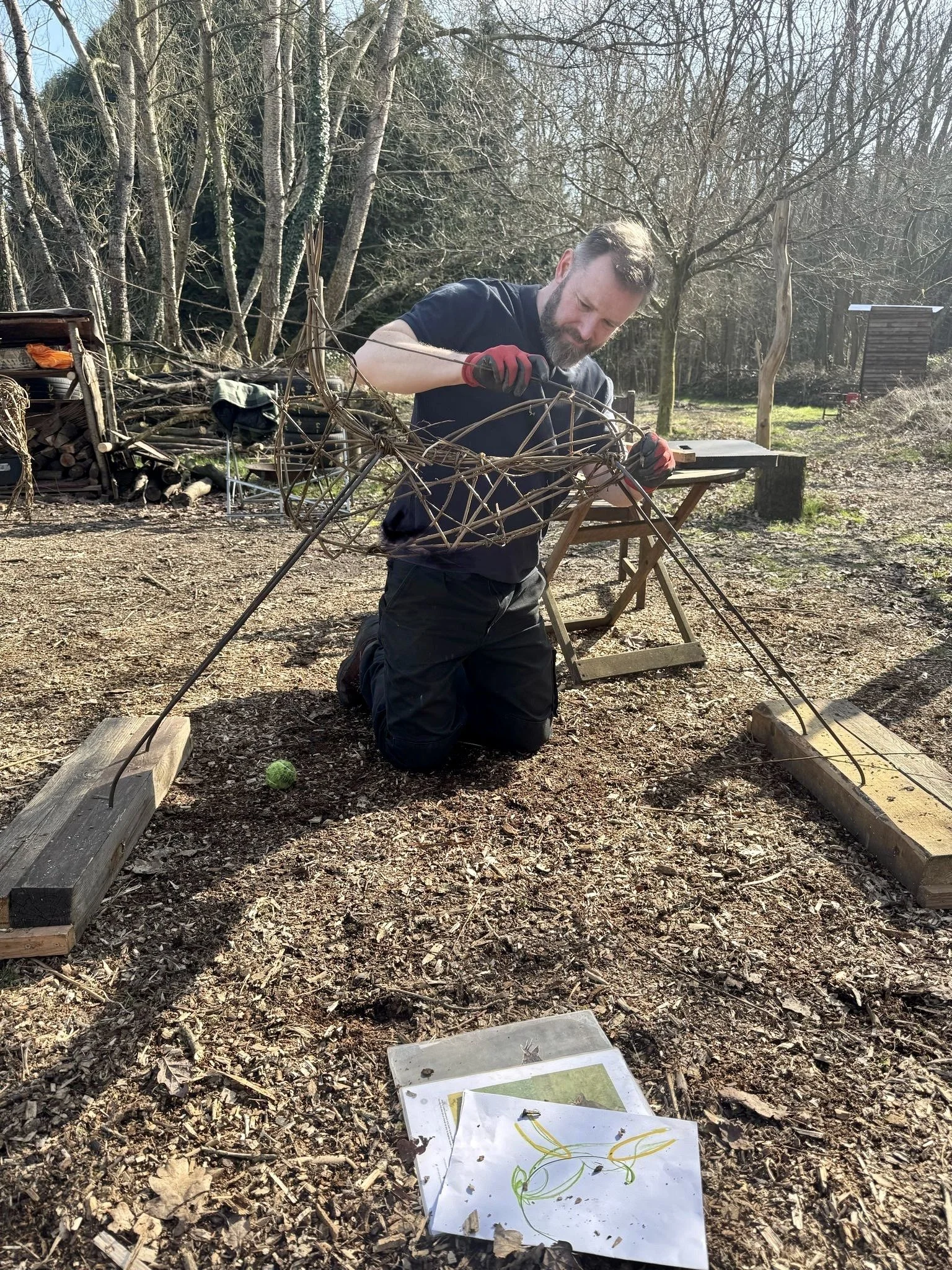 Artist Phil McSweeney working on willow sculpture in his studio