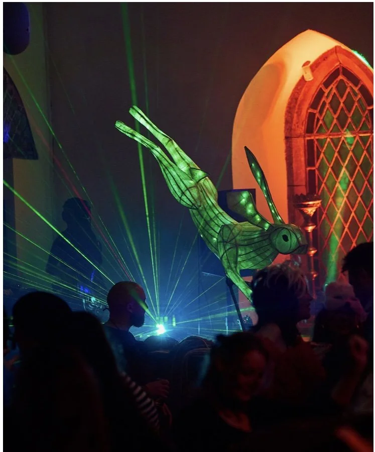 Illuminated woven willow sculpture displayed in a nightclub setting, created by Kerry artist Phil McSweeney
