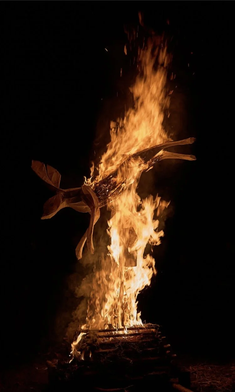 Ancestral Hare, a woven willow hare effigy burning as part of a Féile Eile ritual in Killorglin, County Kerry, created by artist Phil McSweeney