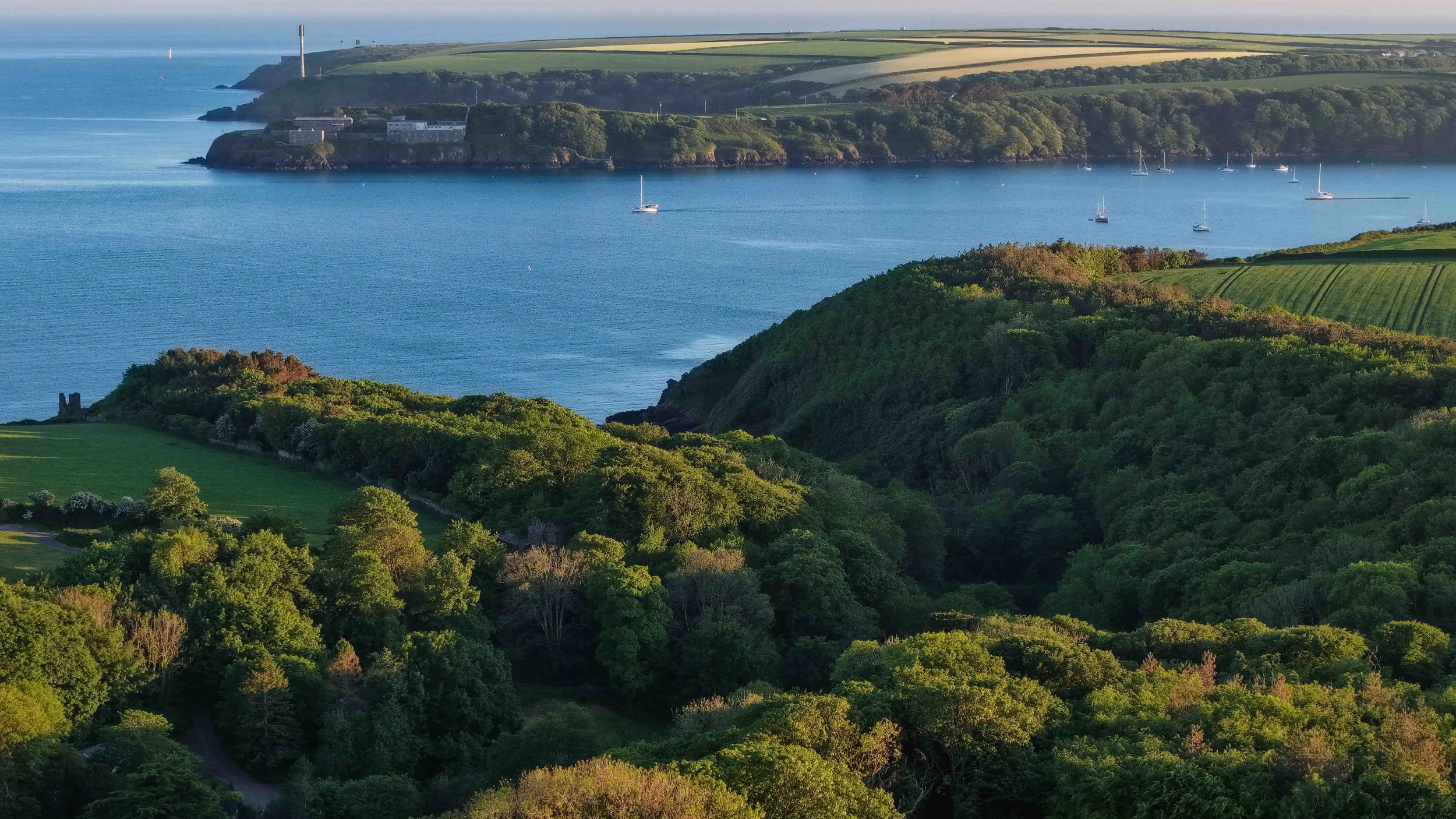 A scenic coastal landscape with green trees and shrubs covering rolling hills, white sailboats anchored in blue water, and a distant view of cliffs and fields on the coast.