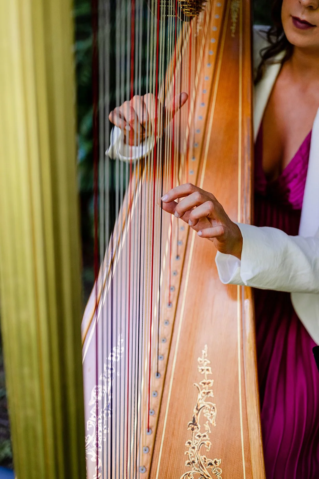 A woman playing a harp, with her right hand plucking the strings and her left hand resting on the harp. The harp is ornate with gold designs, and the strings are in various colors.