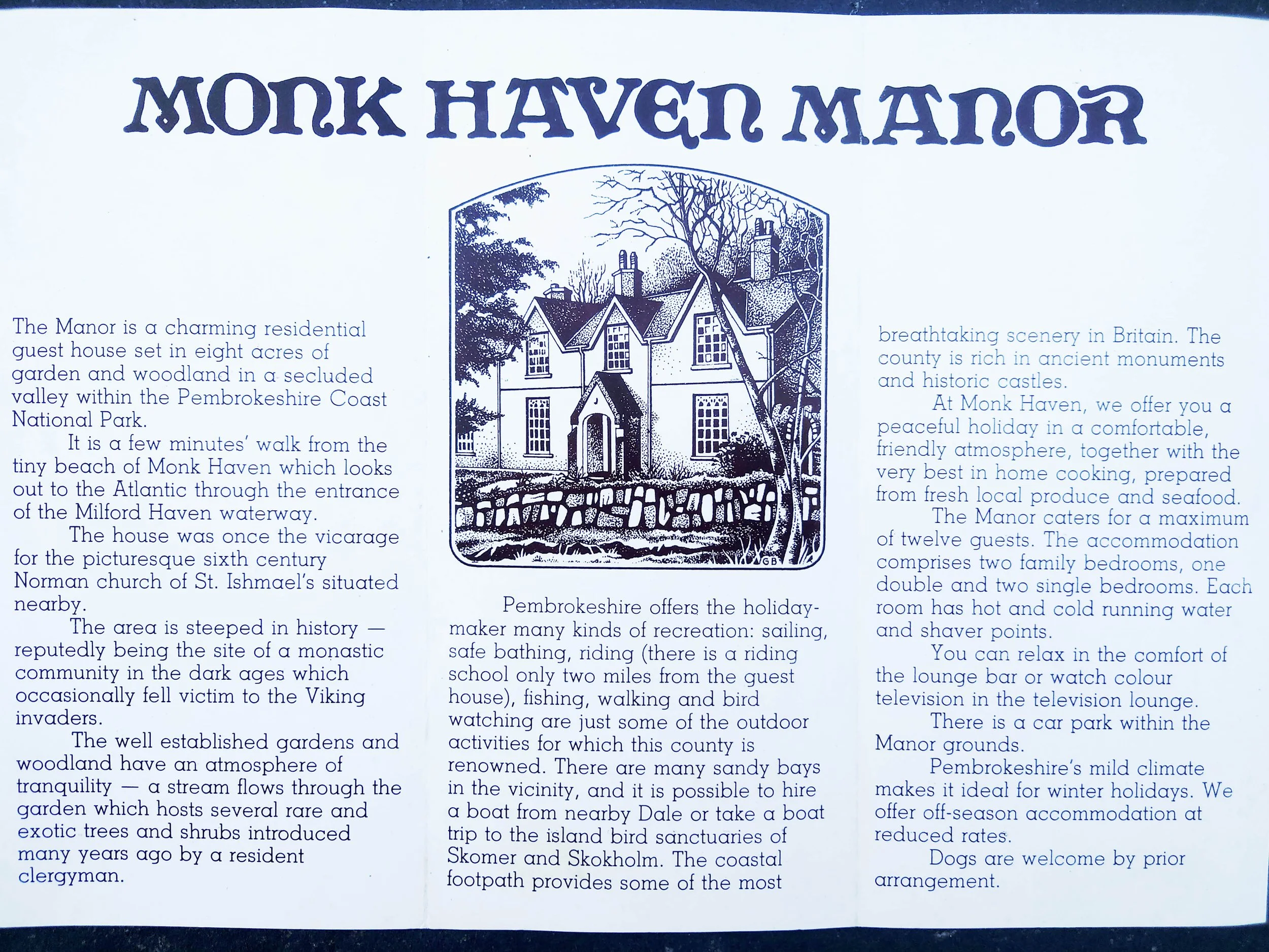 Text about Monk Haven Manor and a drawing of a historic house surrounded by trees and a stone wall.