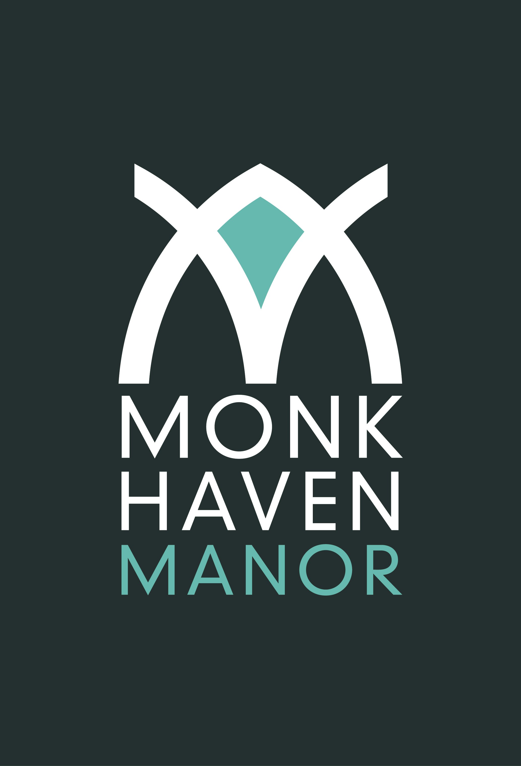 A logo with stylized geometric shapes resembling a crown above the text 'MONK HAVEN MANOR' on a dark background.