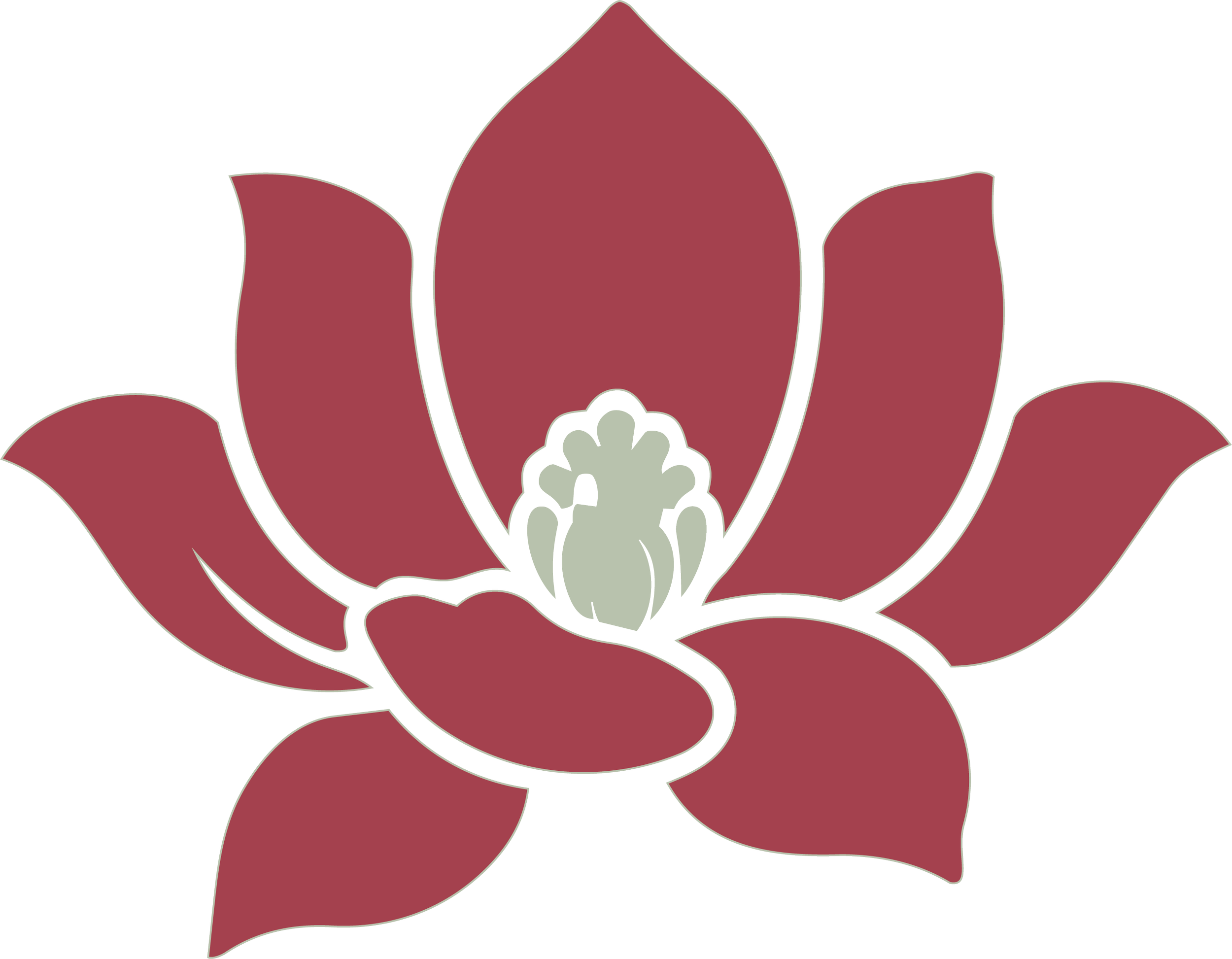 A stylized, minimalist illustration of a red flower, possibly a lotus, with multiple petals surrounding a central stamen.
