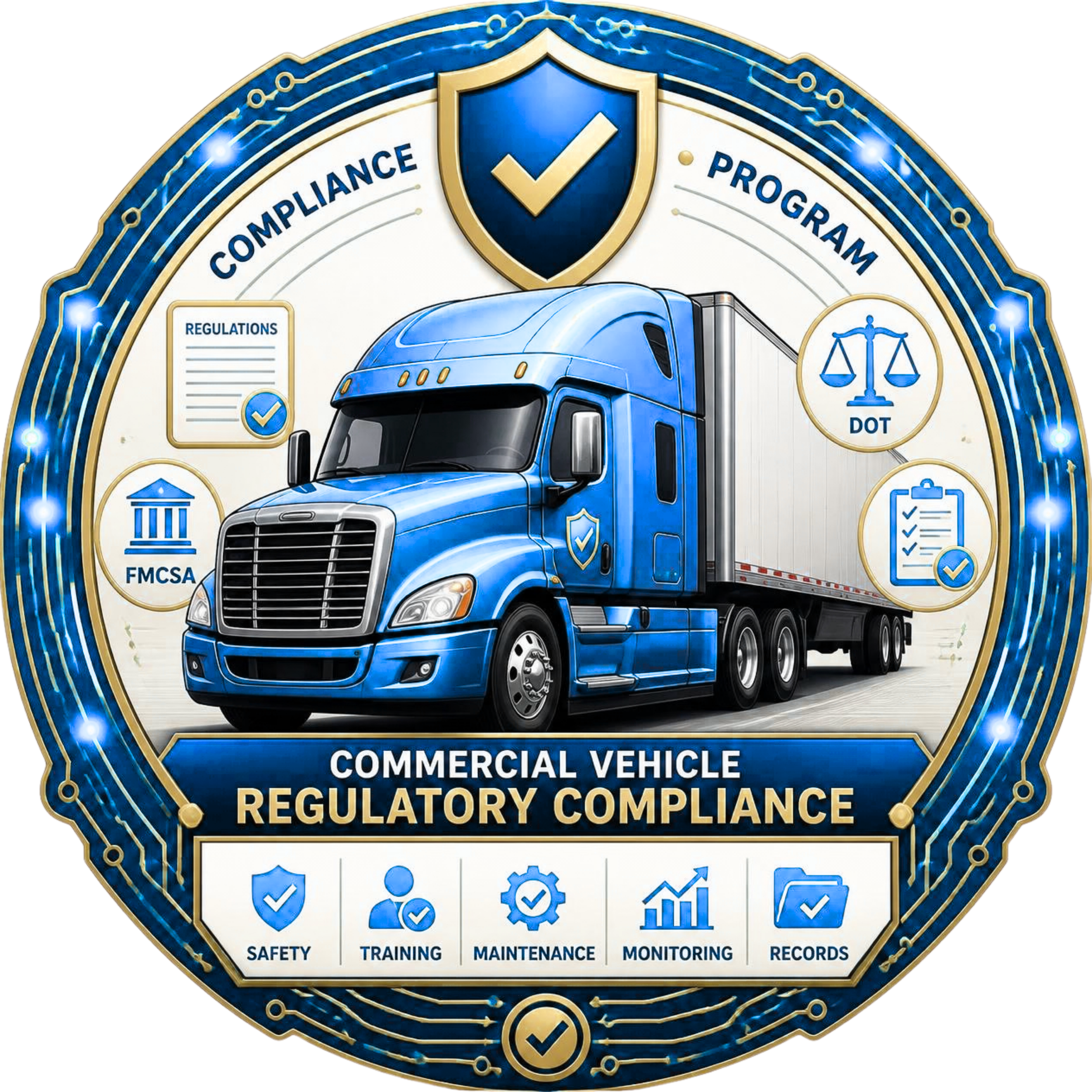Emblem indicating compliance standards for a commercial vehicle, including safety, training, maintenance, monitoring, and records.