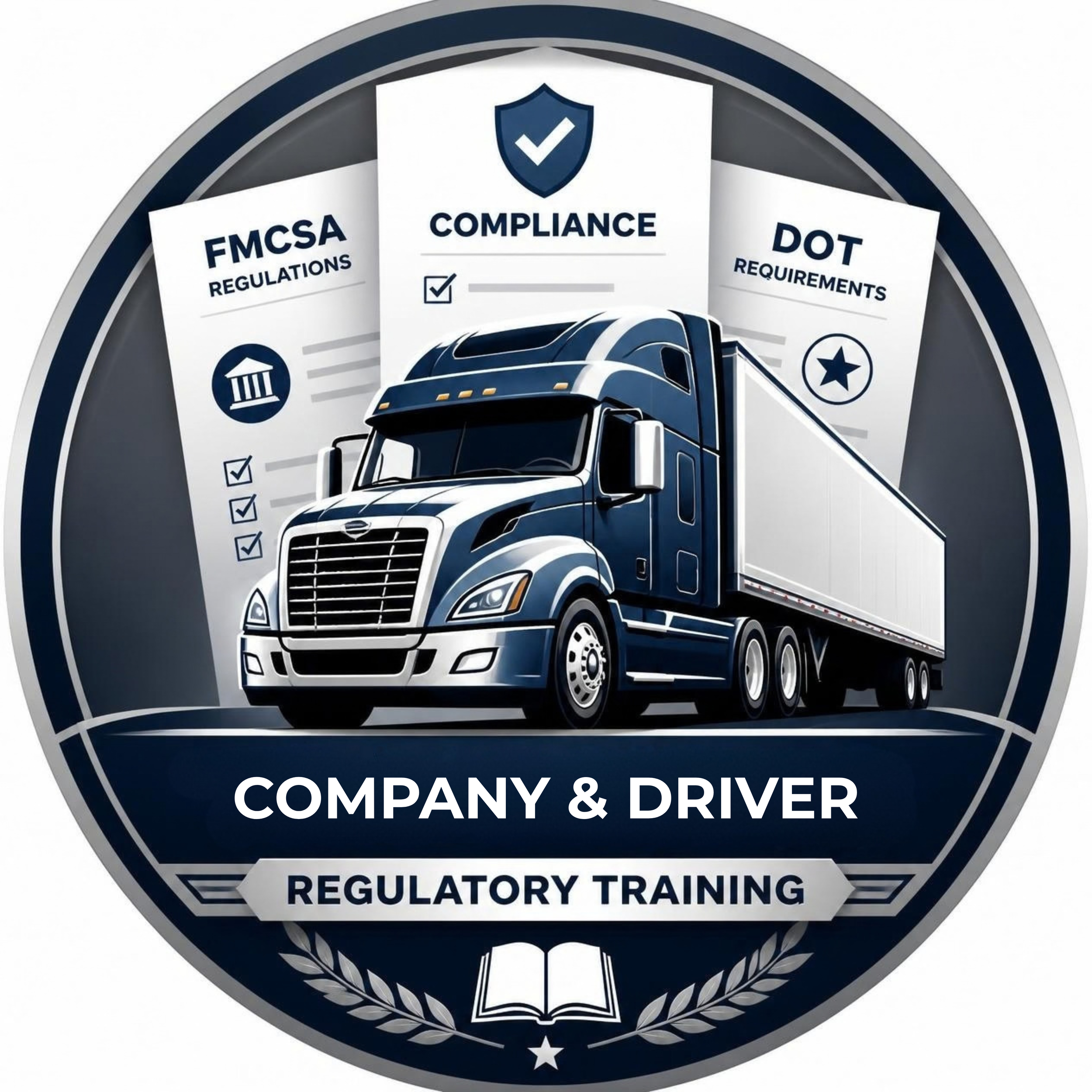 A circular emblem with a stylized truck at the center, surrounded by text that reads 'Company & Driver,' 'Regulatory Training,' and 'Compliance,' featuring a shield with a checkmark at the top, and decorative elements including laurel branches and stars.