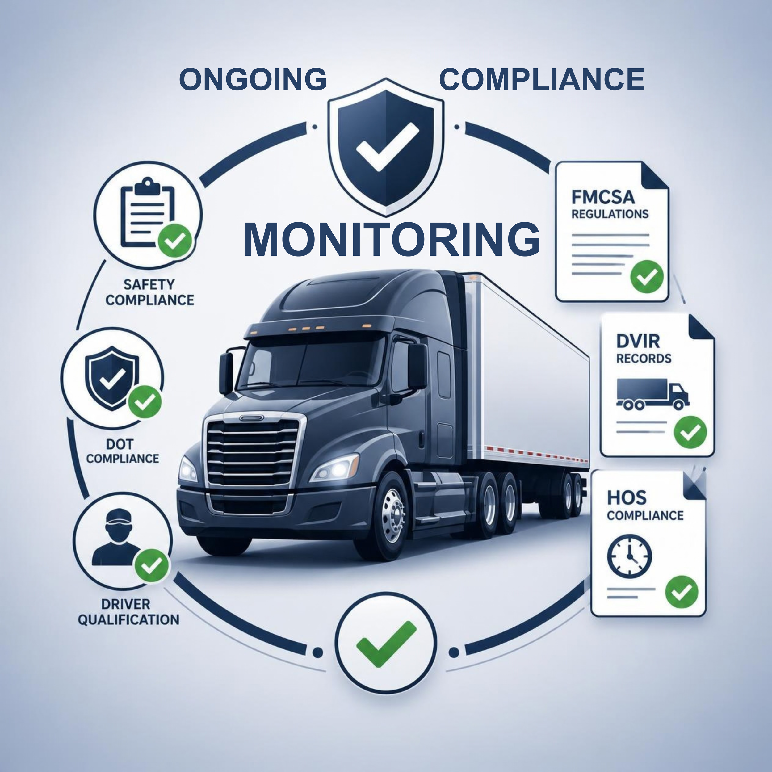 Infographic illustrating ongoing compliance monitoring with a large semi-truck at the center, surrounded by icons representing safety compliance, DOT compliance, driver qualification, FMCSA regulations, HOS compliance, and other regulatory elements, all connected through a circular flow.