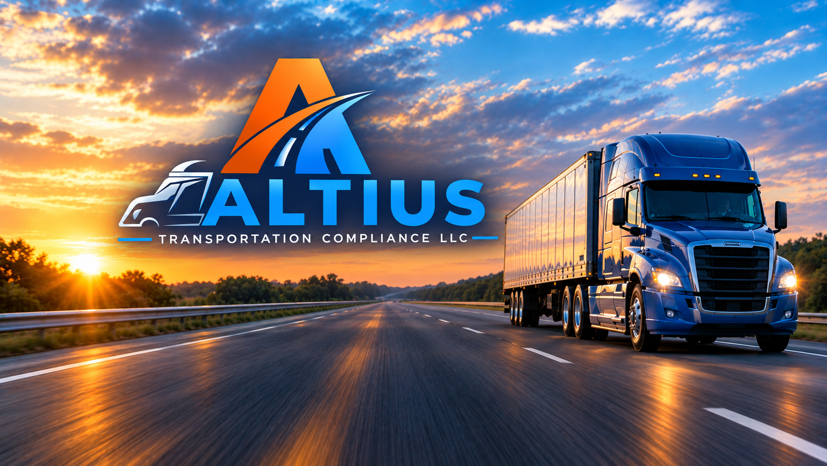 A large semi-truck driving on an open highway at sunset with a colorful sky and the Altis Transportation Compliance LLC logo overlayed on the left side of the image.