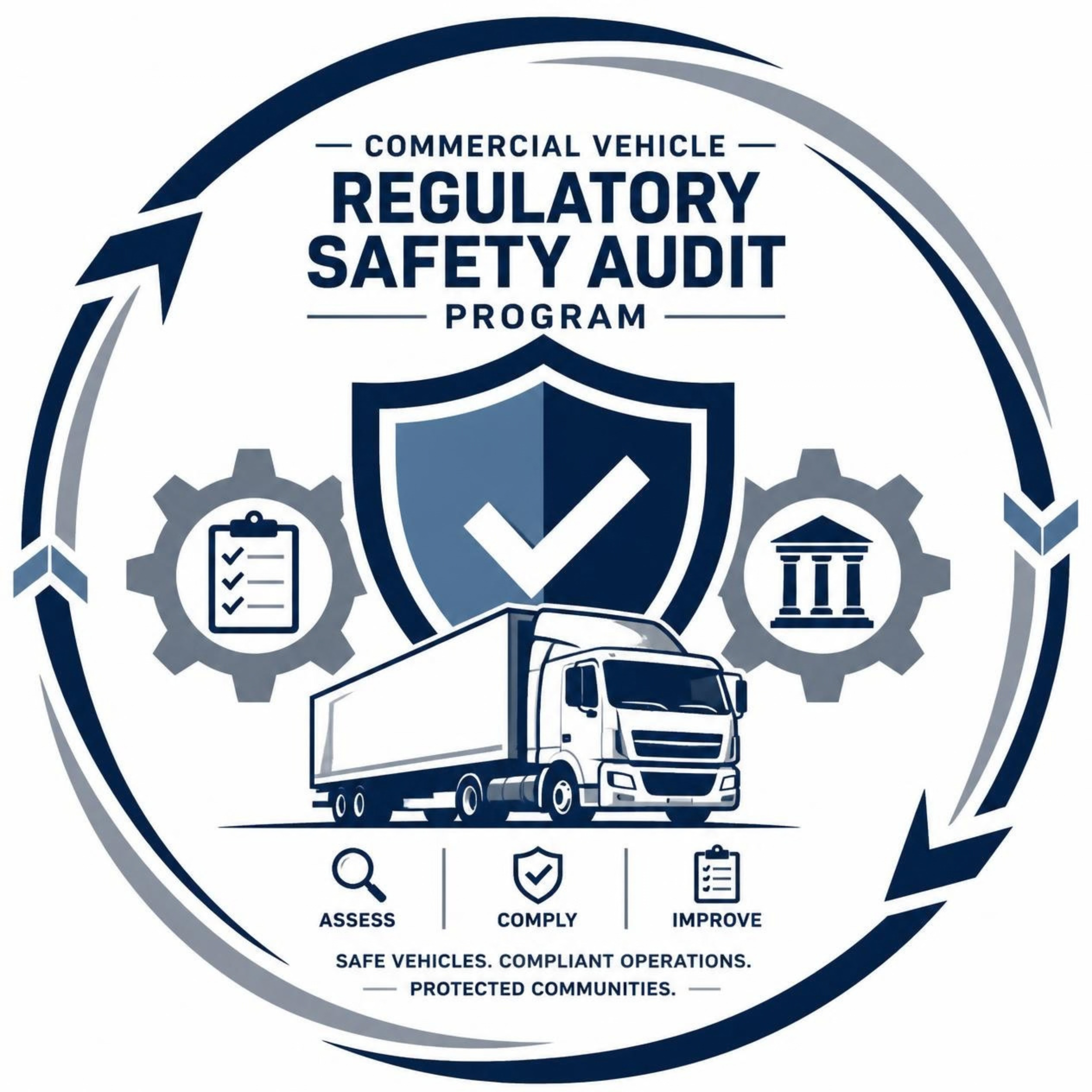 A circular logo with gears, a helmet, and a truck, featuring the text 'Commercial Vehicle Regulatory Safety Audit Program' and key words 'Assess,' 'Comply,' 'Improve,' emphasizing safe, compliant, and protected communities.