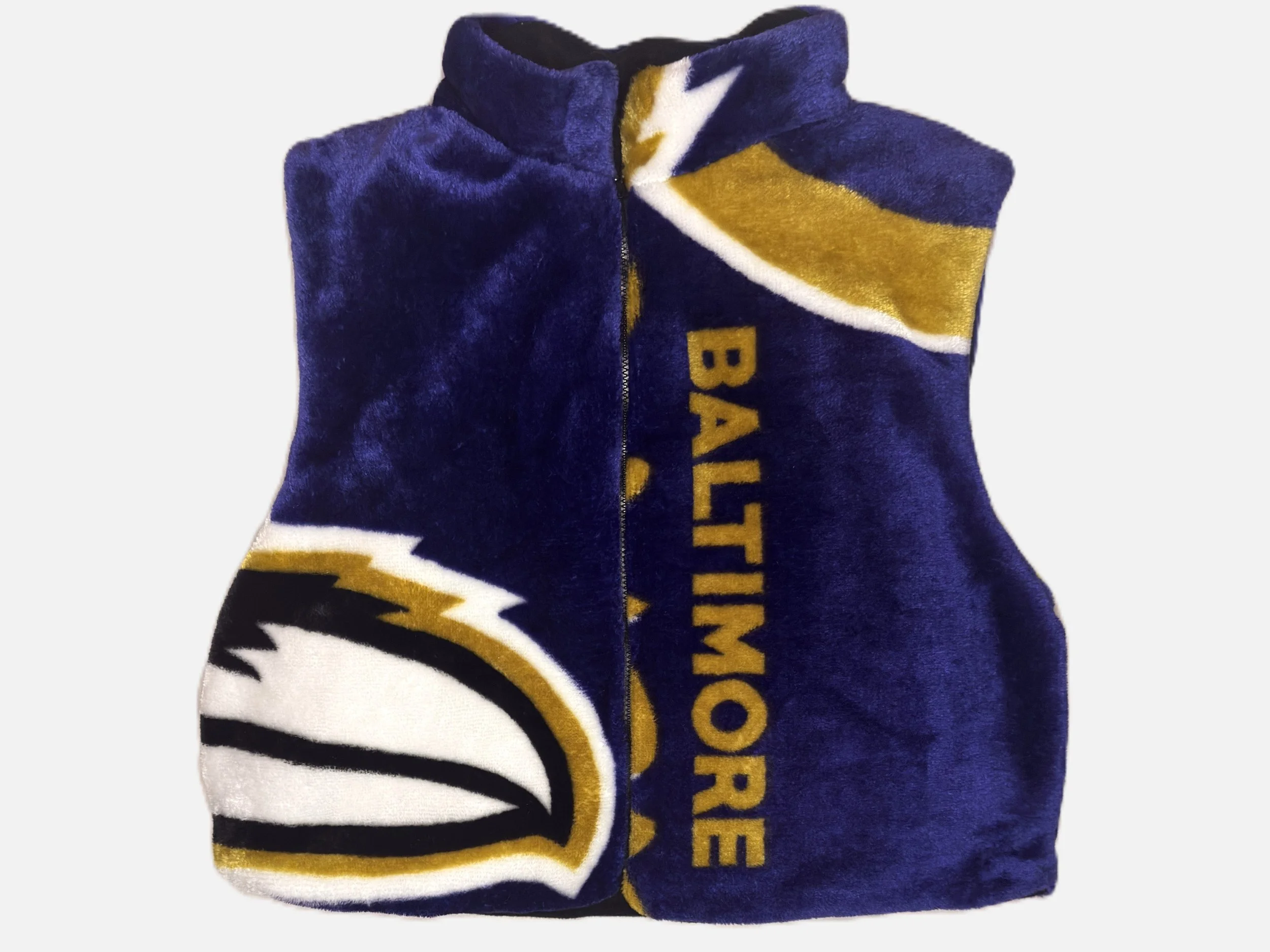 A blue, gold, black, and white fleece blanket with the word 'BALTIMORE'.