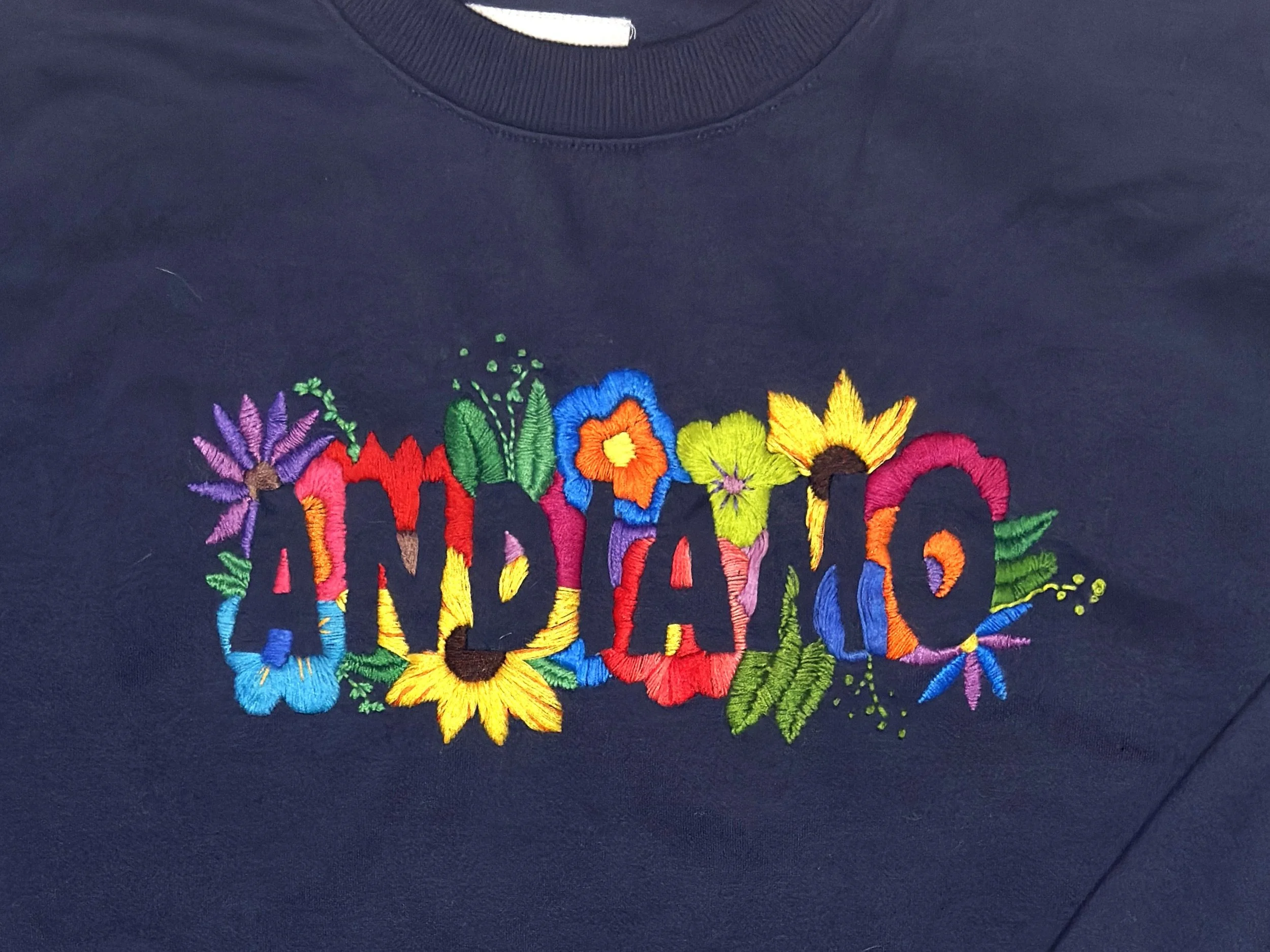 Close-up of dark-colored shirt with colorful embroidered floral design spelling out the word "Andiamo" in a decorative font.