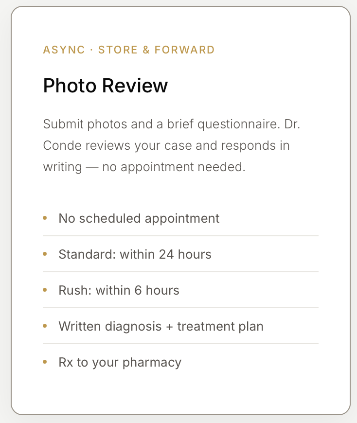 A screenshot of a medical consultation service offering photos and questionnaires for case review, with options for standard and rush review times, and instructions to send prescriptions to your pharmacy.