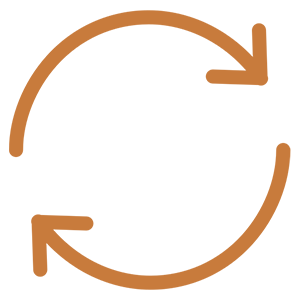Un symbole de boucle de rétroaction avec deux flèches circulaires brunes indiquant un cycle continu.