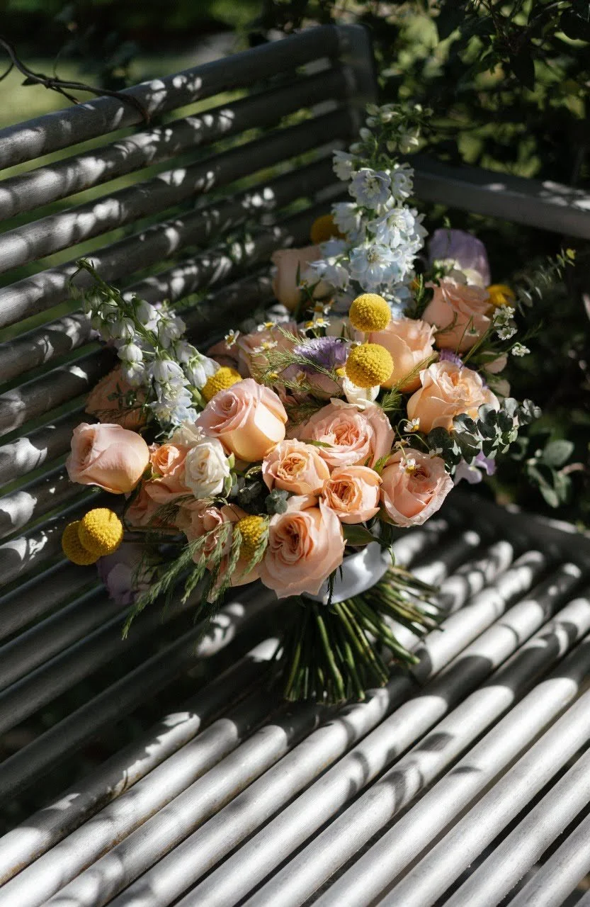 Ramo orgánico con rosas durazno, flores azules y detalles amarillos
