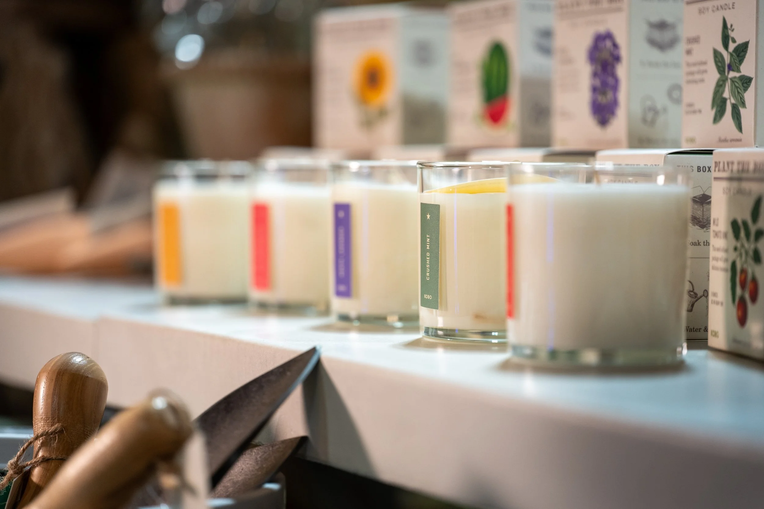 Various candles in small glass containers on a store shelf with packaging featuring botanical illustrations in the background.