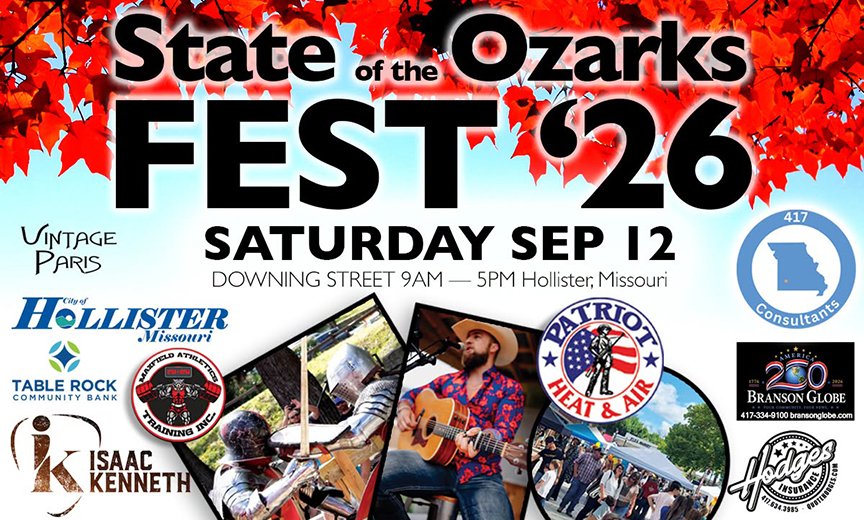Poster for the State of the Ozarks Fest 26 on Saturday, September 12th in Hollister, Missouri, featuring images of musicians, community sponsors, and event details.