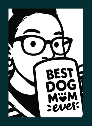 Black-and-white illustration of a woman with glasses holding a mug that says 'Best Dog Mom Ever!'