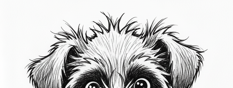 Drawing of a dog's face, focusing on the eyes and ears.