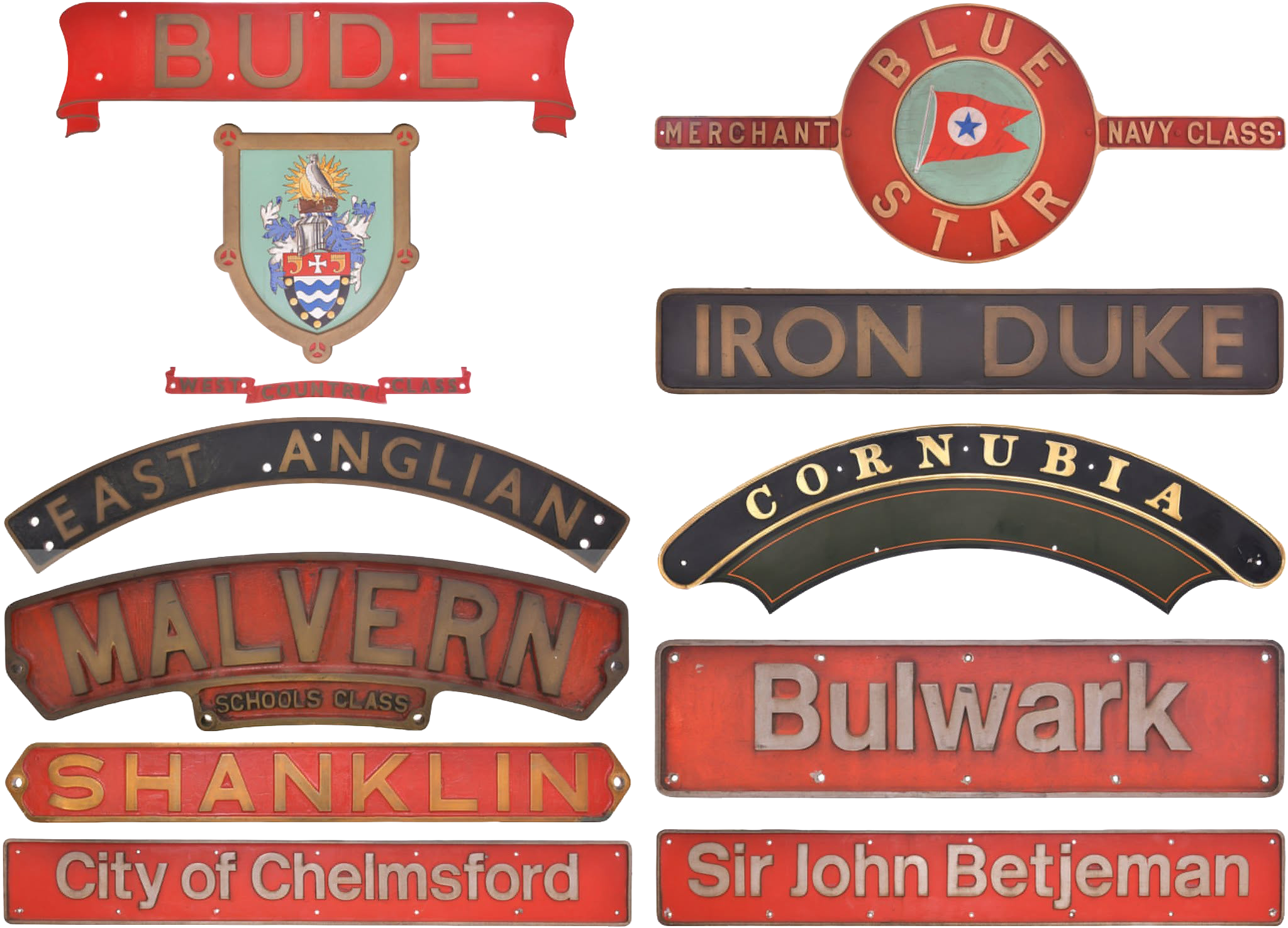 A collage of vintage-style signs including a red sign that says 'BUDE,' a shield-shaped sign with a crest, a round red sign with a flag and the words 'BLOF STARS,' a rectangular sign that says 'IRON DUKE,' and other street and city signs with names like 'Shanklin,' 'Sir John Betjeman,' and 'City of Chelmsford.'