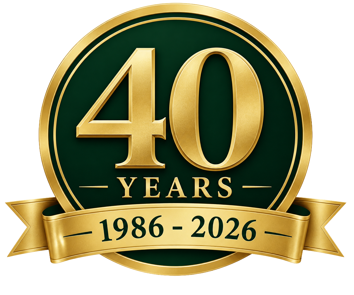 Golden anniversary emblem with green background, celebrating 40 years from 1986 to 2026.