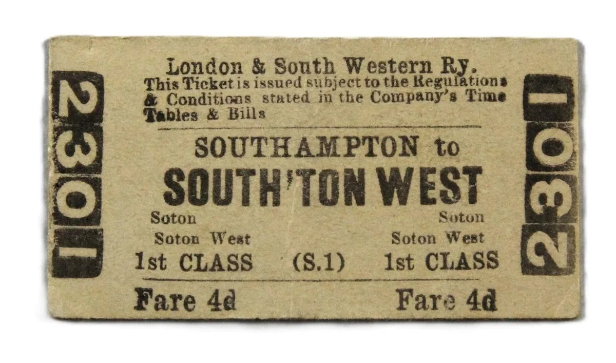 Vintage train ticket for travel from Southampton to Southtown West, priced at 4d, issued by London & South Western Ry.