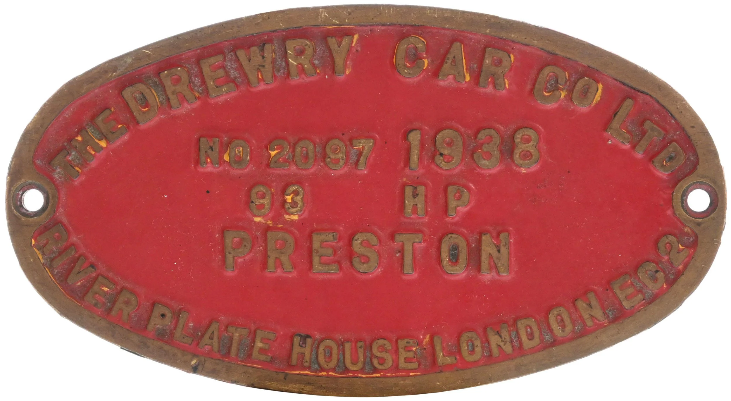 Red and brass vintage identification plaque for Fletcherinery Car Co. Preston with serial number 2097 from 1938.